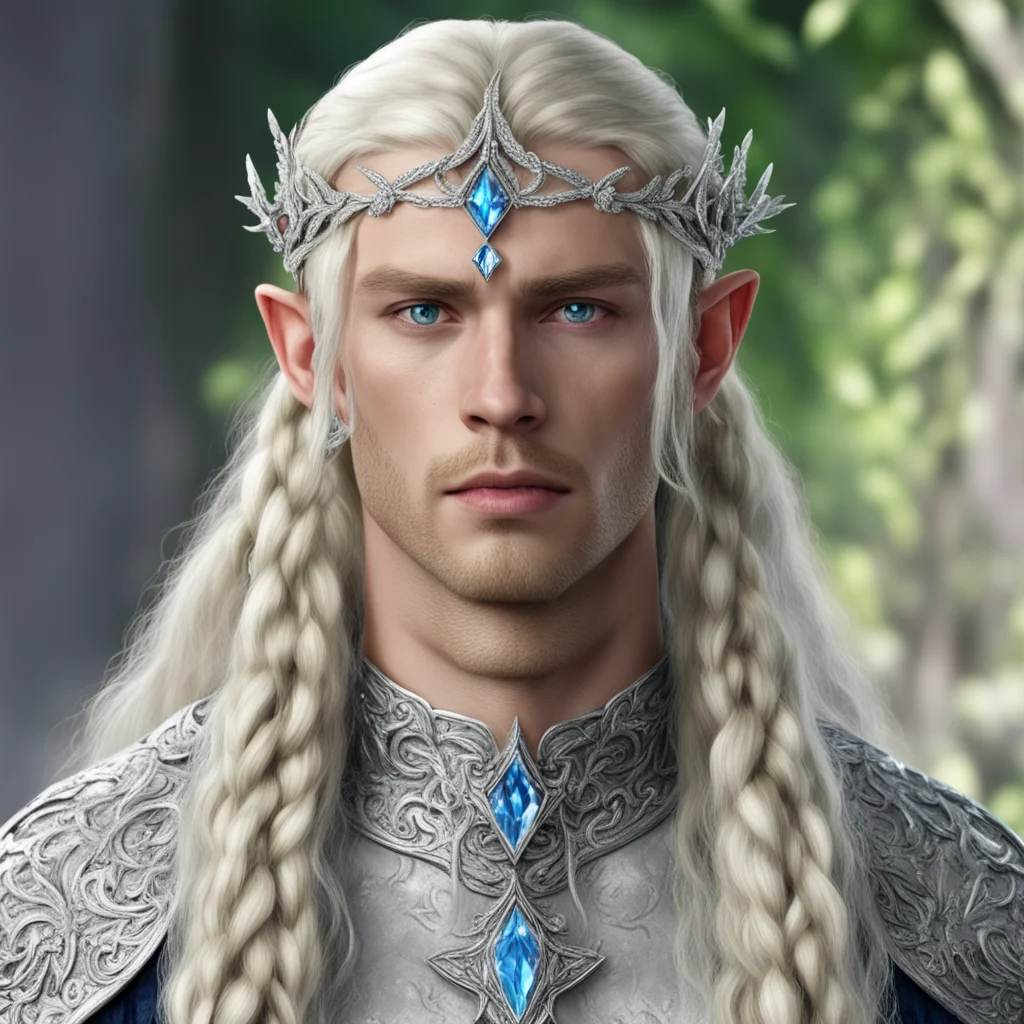 king thramduil with blond hair and braids wearing silver laurel leaf and diamond berry silver elvish circlet encrusted with diamonds with large center diamond amazing awesome portrait 2
