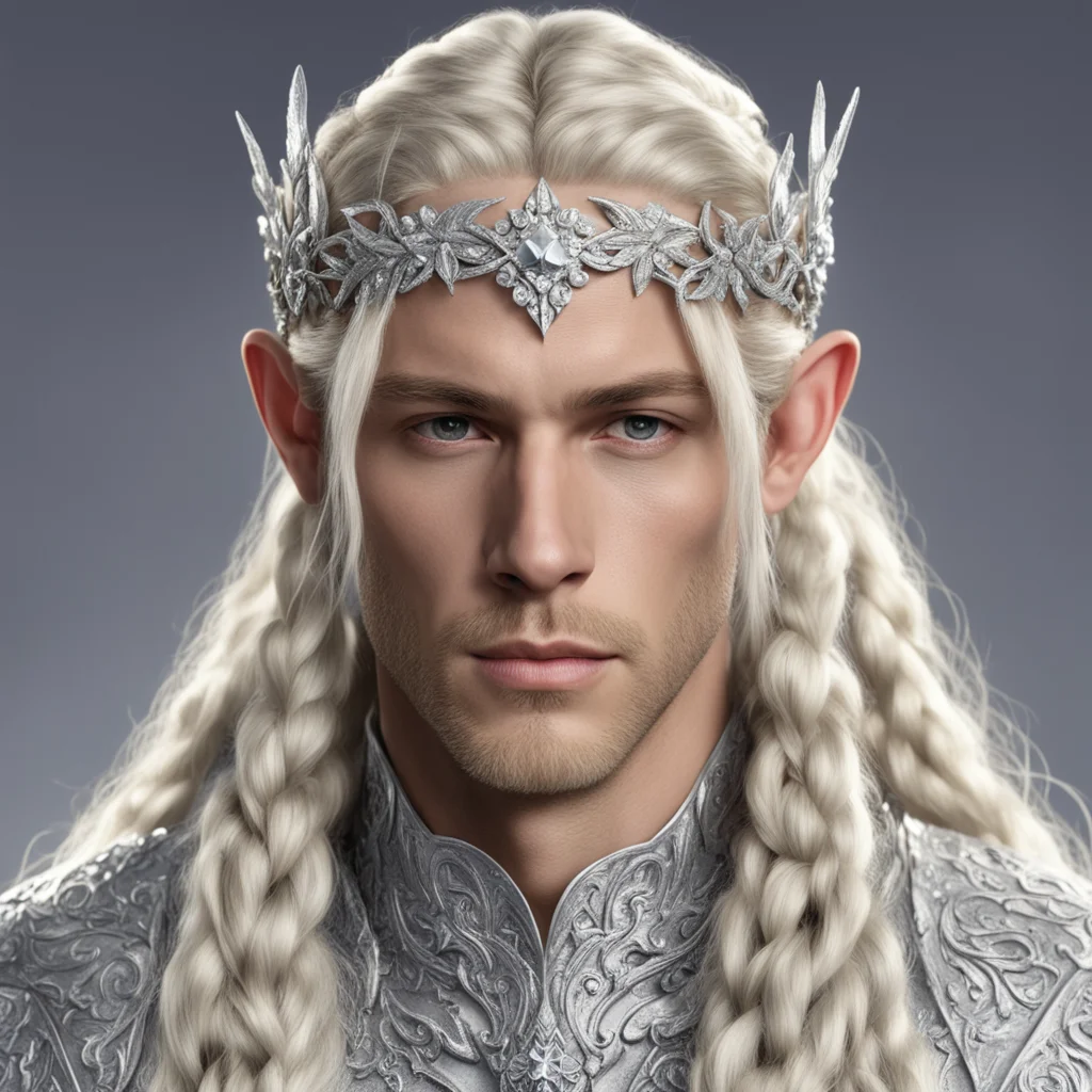 king thramduil with blond hair and braids wearing silver laurel leaf and diamond berry silver elvish circlet encrusted with diamonds with large center diamond confident engaging wow artstation art 3