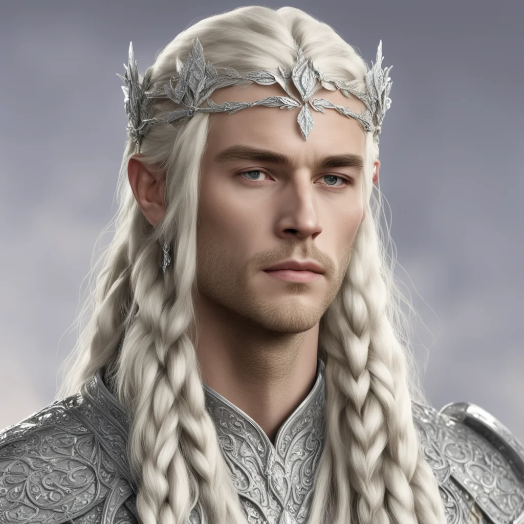 aiking thramduil with blond hair and braids wearing silver laurel leaf and diamond berry silver elvish circlet encrusted with diamonds with large center diamond good looking trending fantastic 1