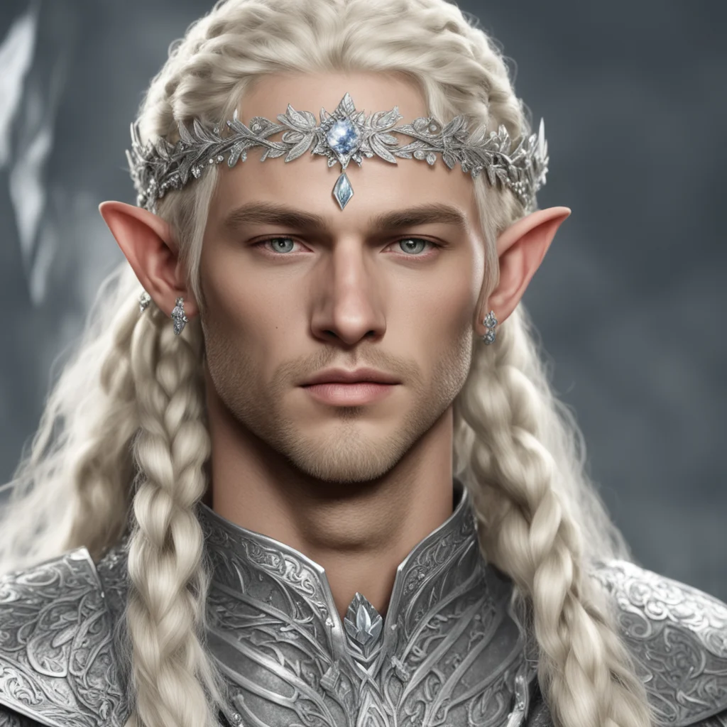 aiking thramduil with blond hair and braids wearing silver laurel leaf and diamond berry silver elvish circlet encrusted with diamonds with large center diamond