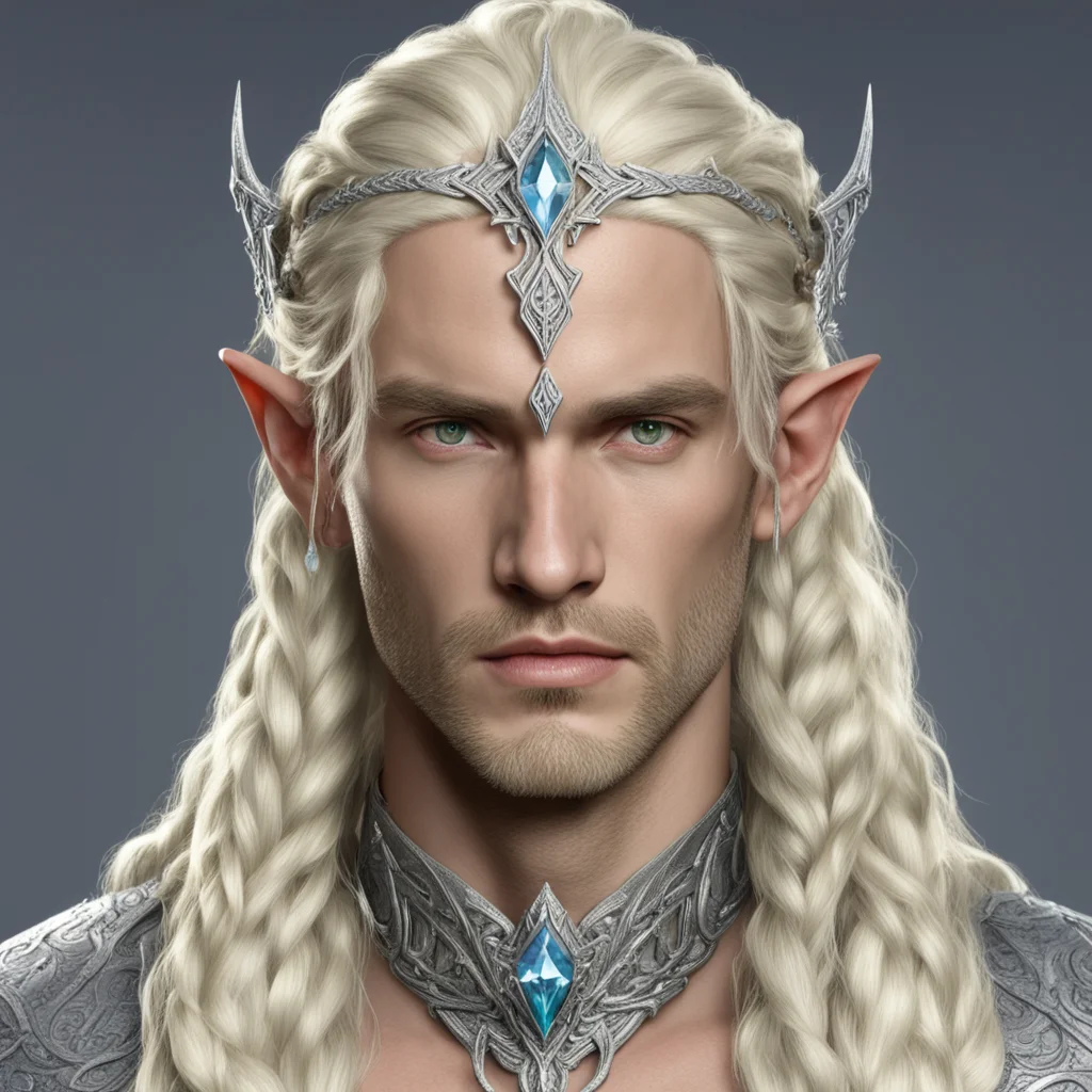 king thramduil with blond hair and braids wearing silver serpentine sindarin elvish circlet encrusted with diamonds with large center diamond confident engaging wow artstation art 3