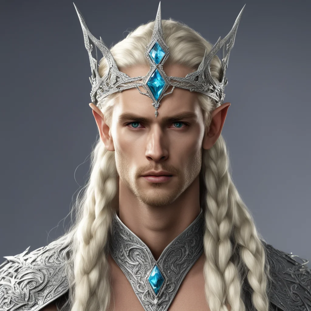 aiking thramduil with blond hair and braids wearing silver serpentine sindarin elvish circlet encrusted with diamonds with large center diamond good looking trending fantastic 1