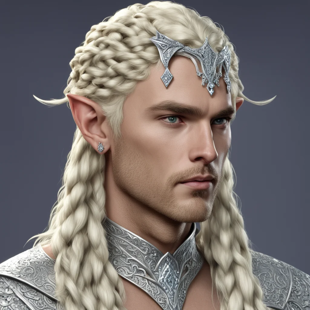 king thramduil with blond hair and braids wearing silver serpentine sindarin elvish circlet encrusted with diamonds with large center diamond
