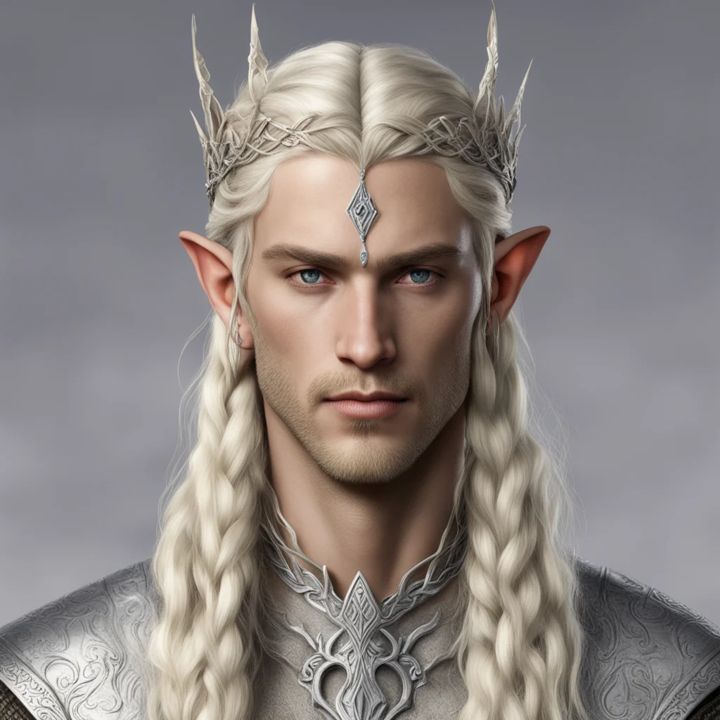 king thramduil with blond hair and braids wearing small thin silver elvish circlet with diamond in the center