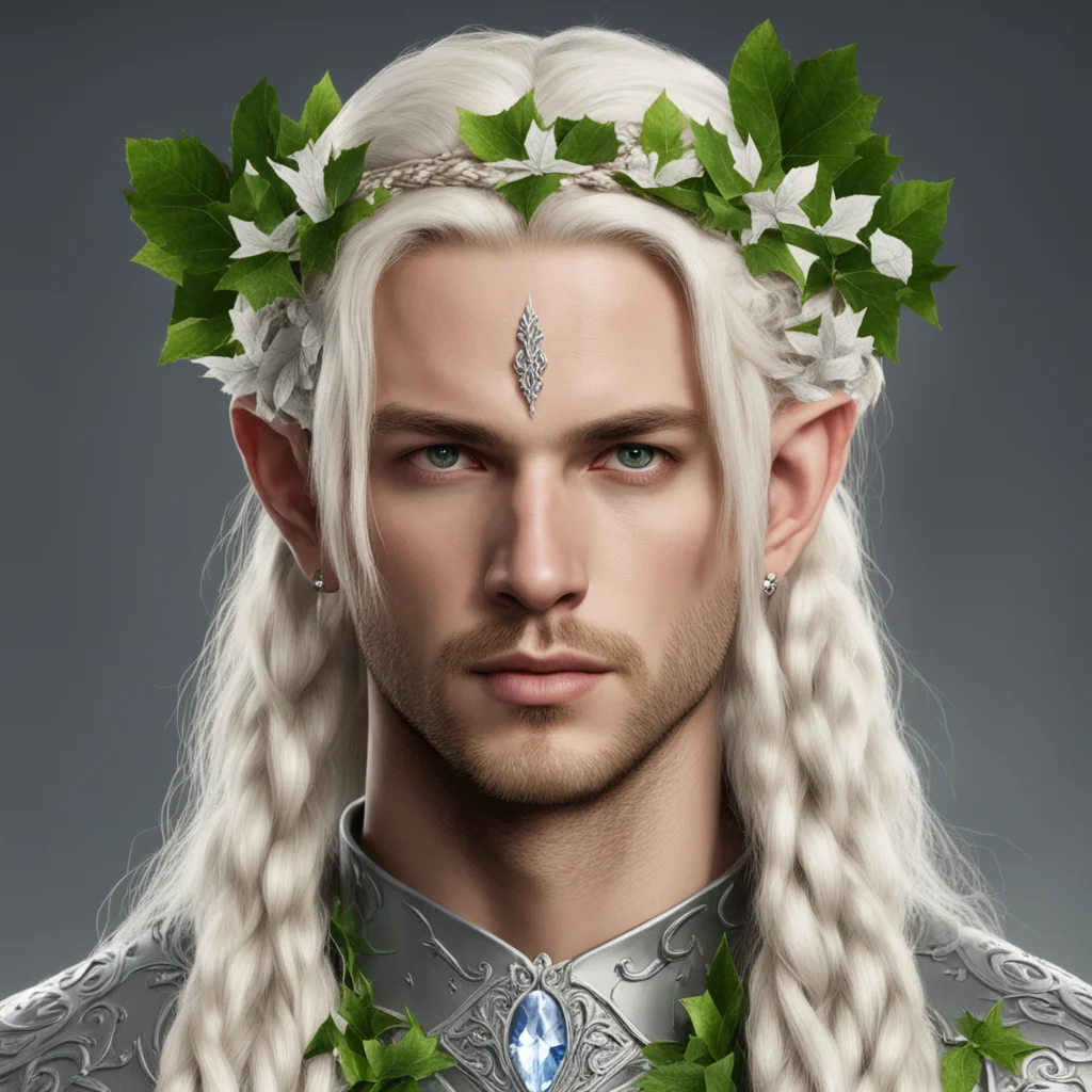 king thramduil with blond hair with braids wearing silver holly leaves with diamond berries elvish circlet  amazing awesome portrait 2