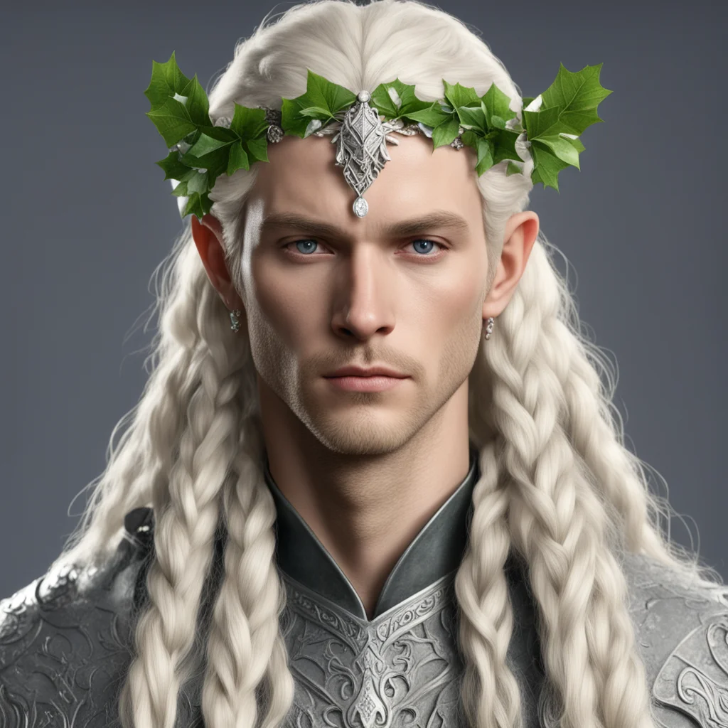 aiking thramduil with blond hair with braids wearing silver holly leaves with diamond berries elvish circlet  confident engaging wow artstation art 3