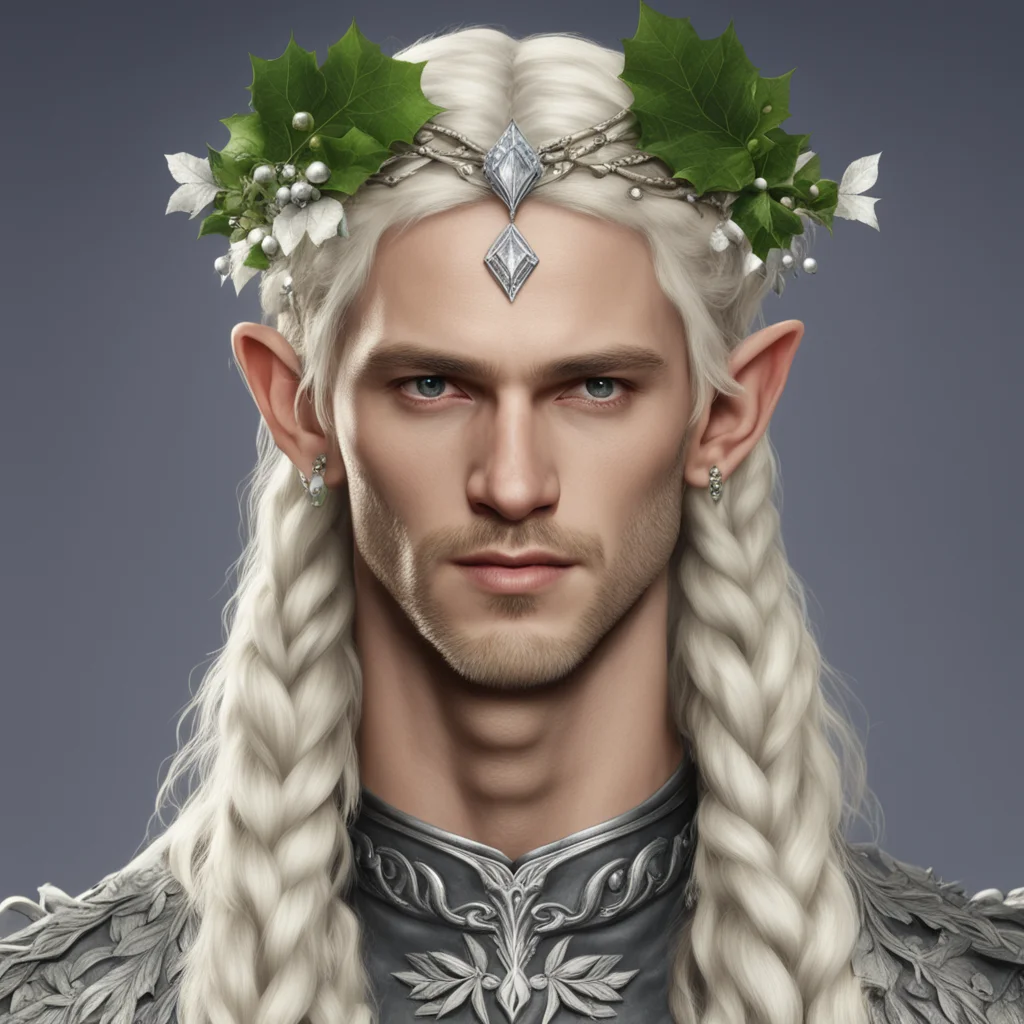 aiking thramduil with blond hair with braids wearing silver holly leaves with diamond berries elvish circlet  good looking trending fantastic 1