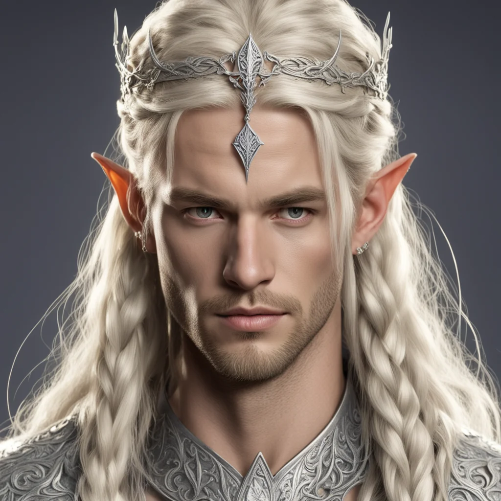 king thramduil with blond hair with braids wearing silver laurel leaf and diamond silver elvish circlet with large center diamond amazing awesome portrait 2