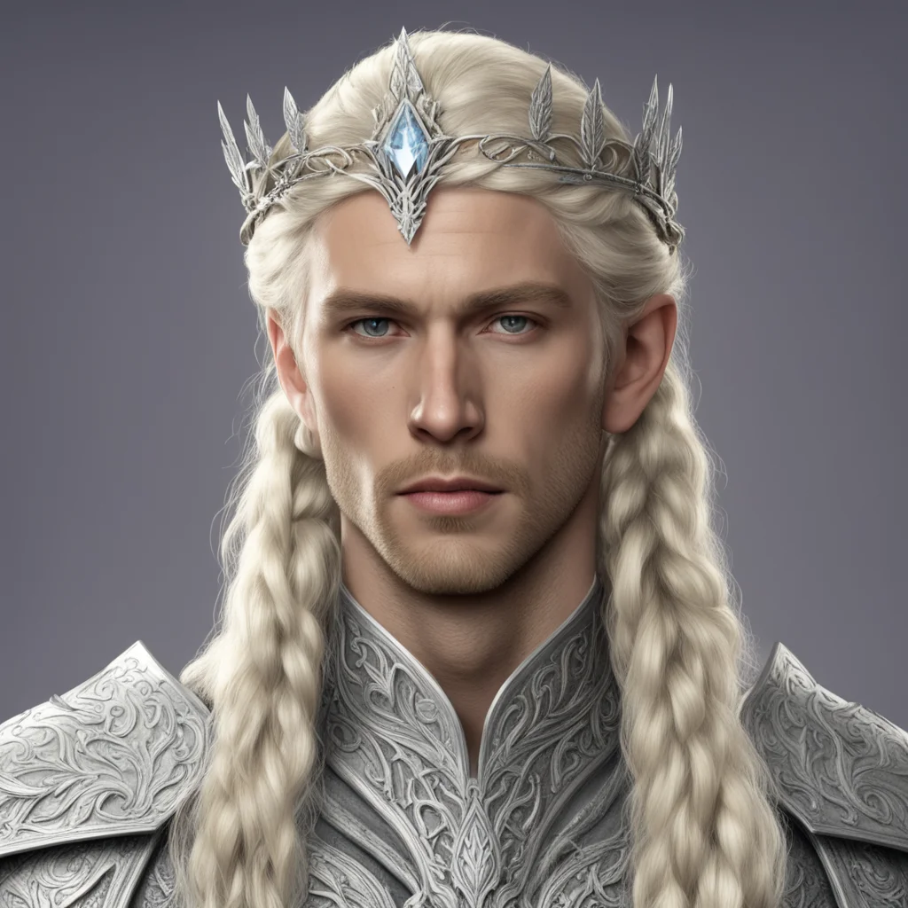 king thramduil with blond hair with braids wearing silver laurel leaf and diamond silver elvish circlet with large center diamond confident engaging wow artstation art 3