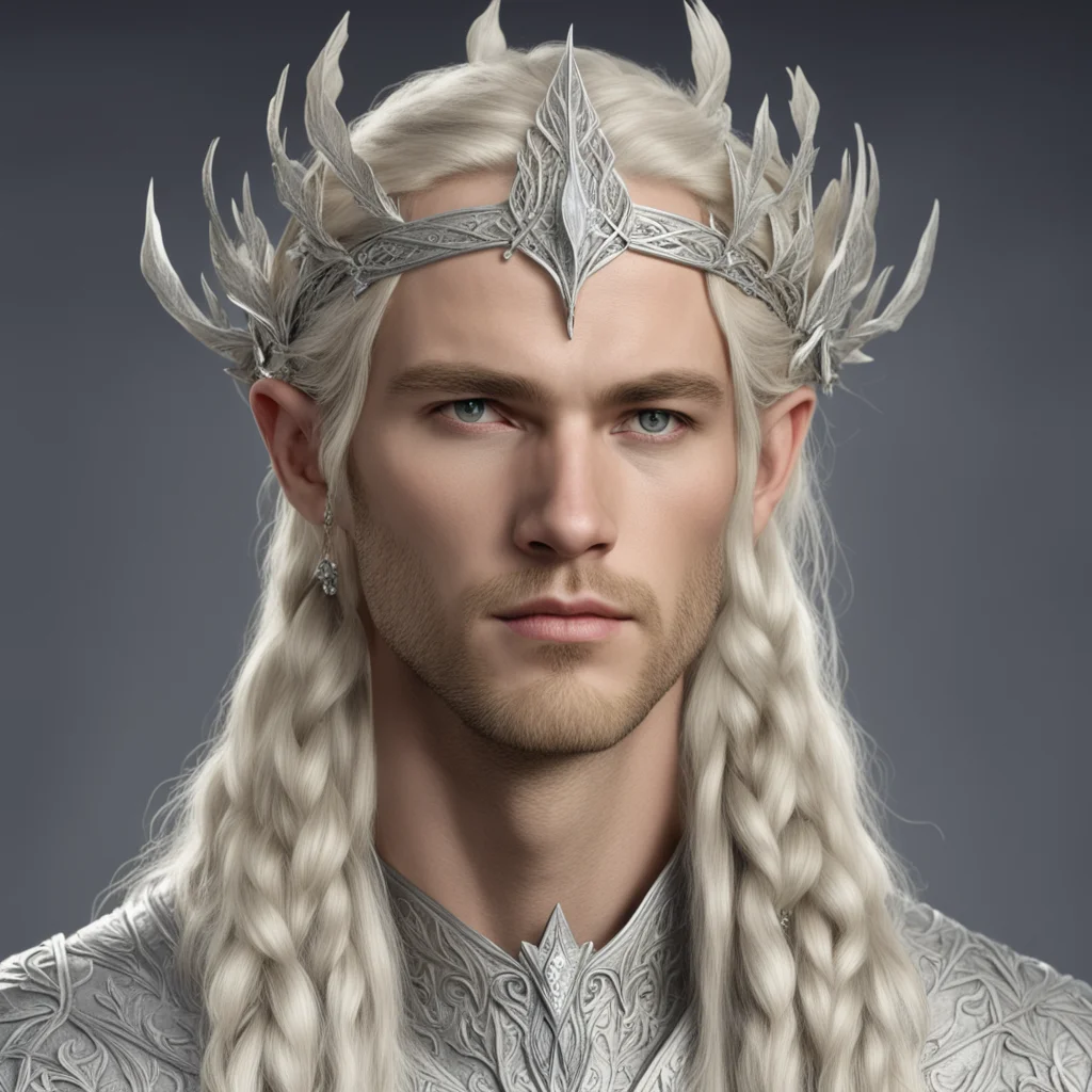 king thramduil with blond hair with braids wearing silver laurel leaf and diamond silver elvish circlet with large center diamond good looking trending fantastic 1