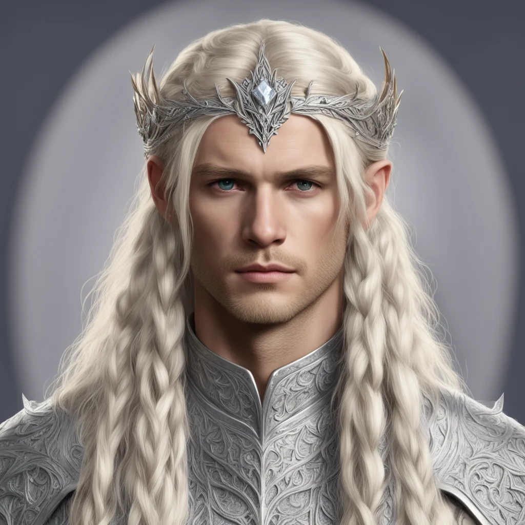 king thramduil with blond hair with braids wearing silver laurel leaf and diamond silver elvish circlet with large center diamond