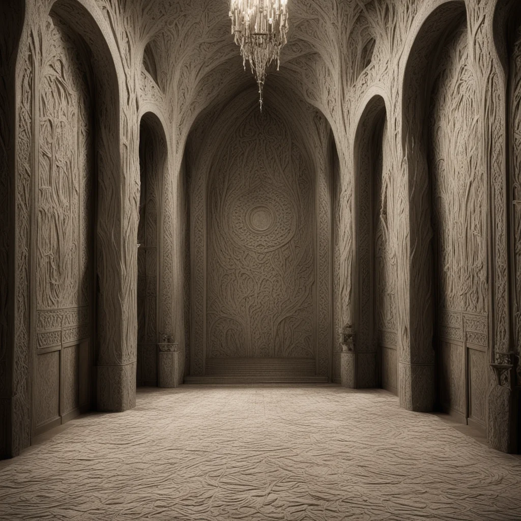 aiking thranduil%E2%80%99s halls interior with wall reliefs and hanging elvish carpets on the walls amazing awesome portrait 2