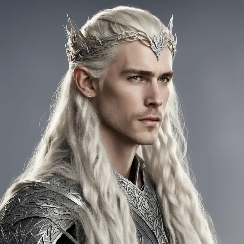 aiking thranduil  with blond hair with braids wearing silver leaf elven circlet with diamonds good looking trending fantastic 1