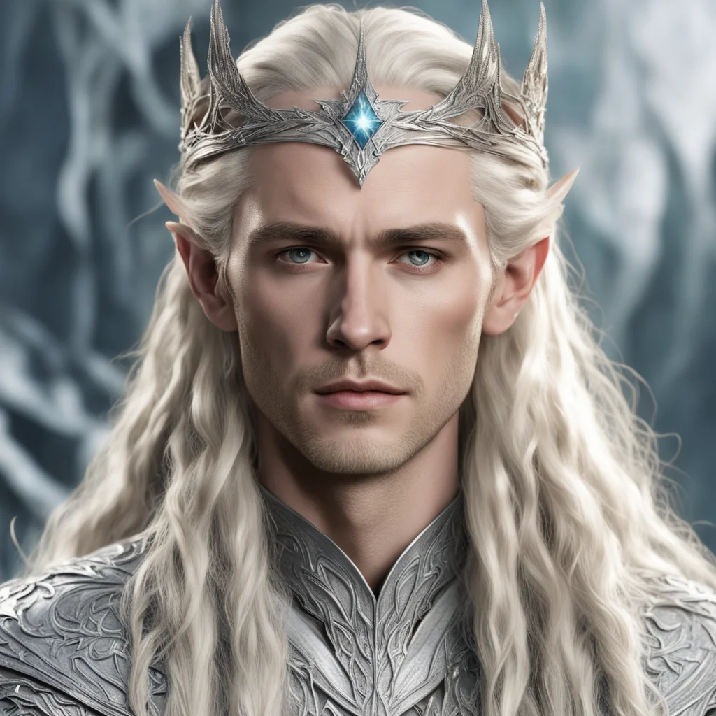 aiking thranduil  with blond hair with braids wearing silver leaf elven circlet with diamonds
