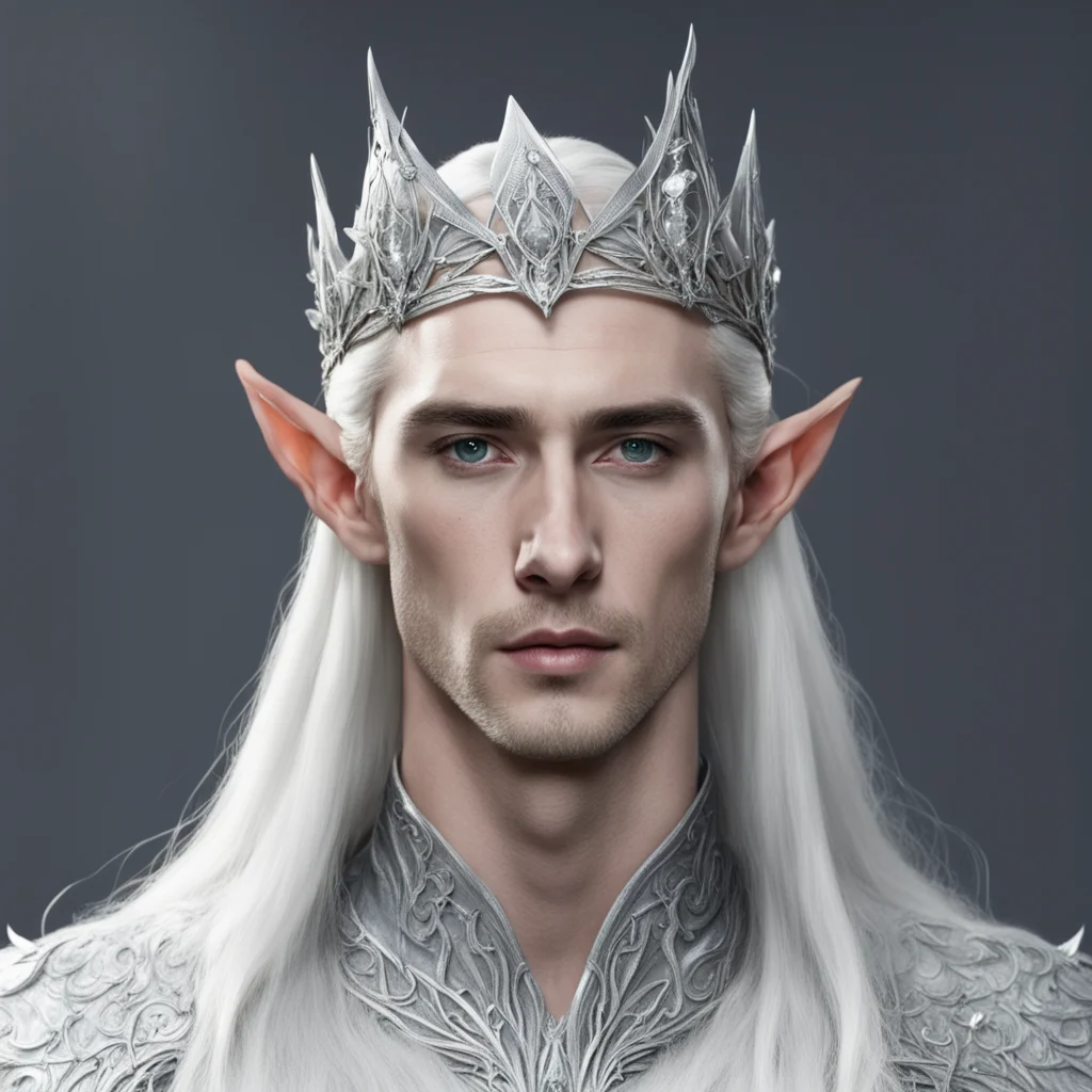 king thranduil wearing silver elven circlet with white gems confident engaging wow artstation art 3