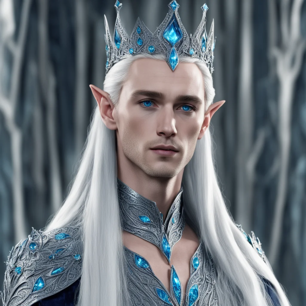 king thranduil wearing silver elven tiara with blue diamonds confident engaging wow artstation art 3