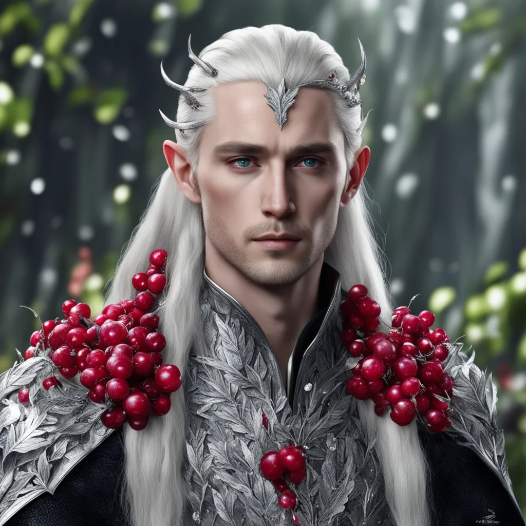 king thranduil wearing silver leaves and ruby berries with diamonds confident engaging wow artstation art 3