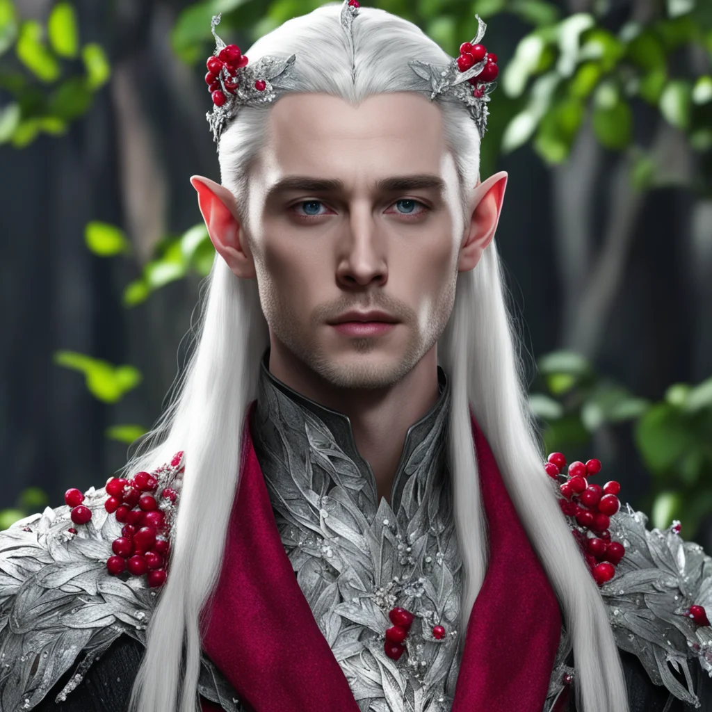 king thranduil wearing silver leaves and ruby berries with diamonds
