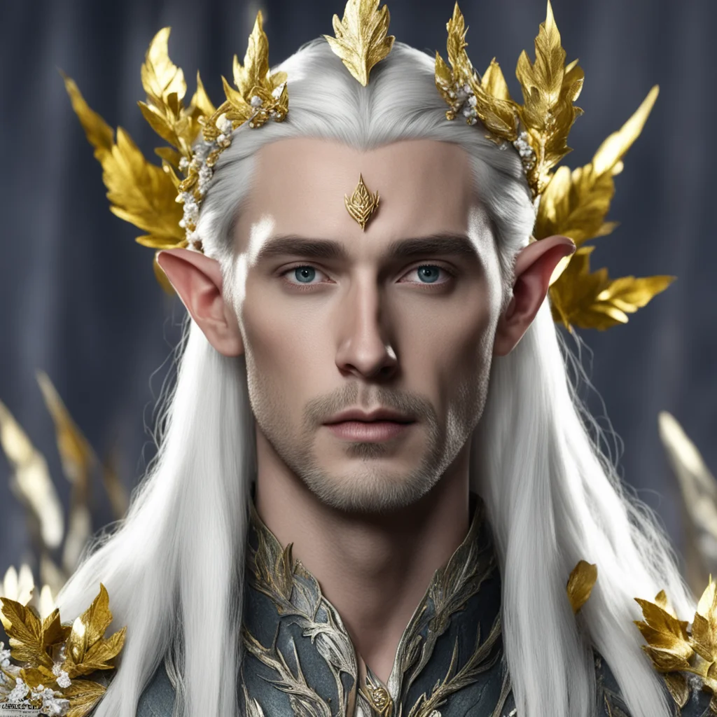 aiking thranduil wearing silver with gold leaves and berries in hair with diamonds