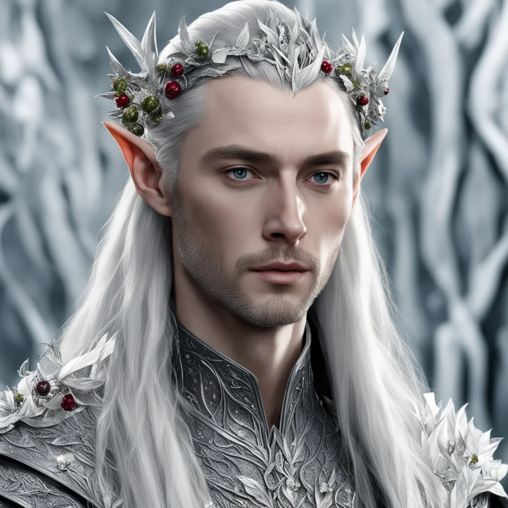 king thranduil wearing silver with silver leaves and berries with diamonds
