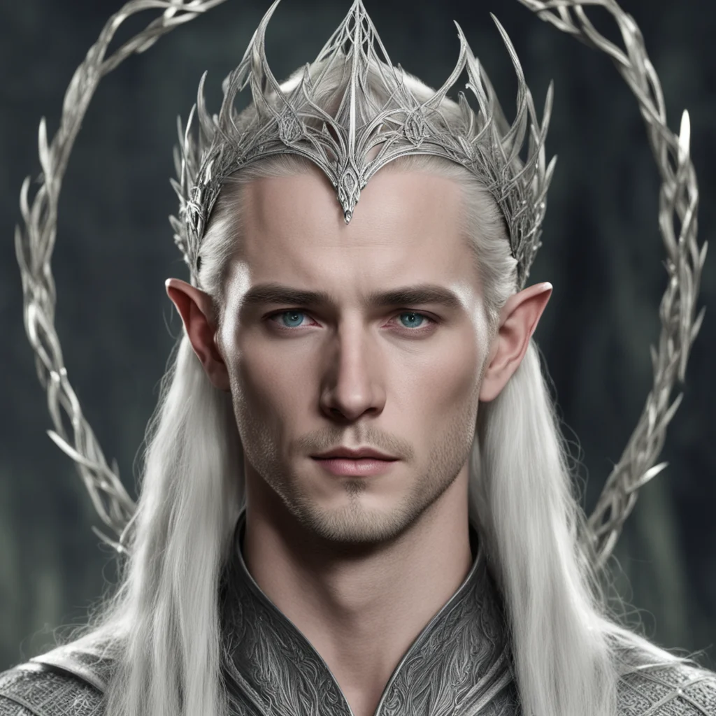king thranduil wearing silver woven stick elven circlet with diamonds confident engaging wow artstation art 3