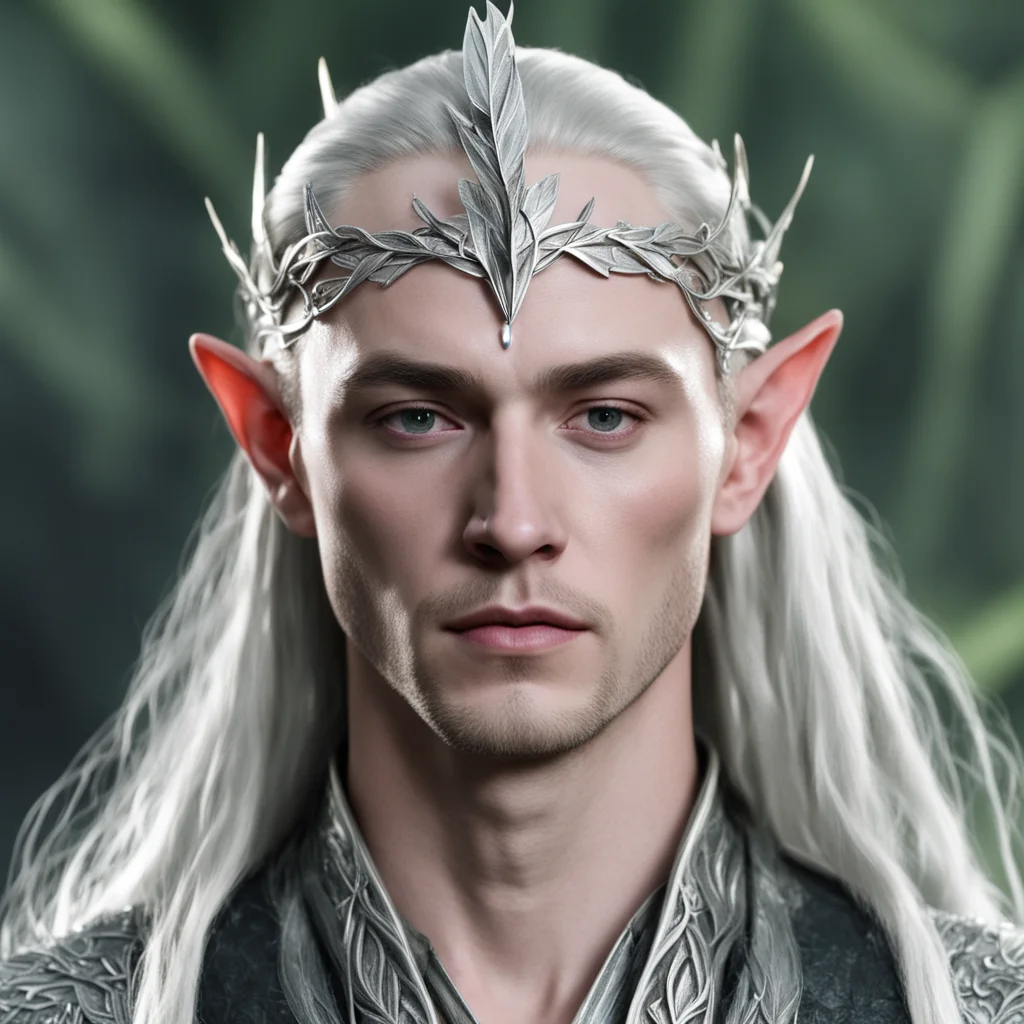 aiking thranduil wearing small silver bay leaf elven circlet with diamonds 