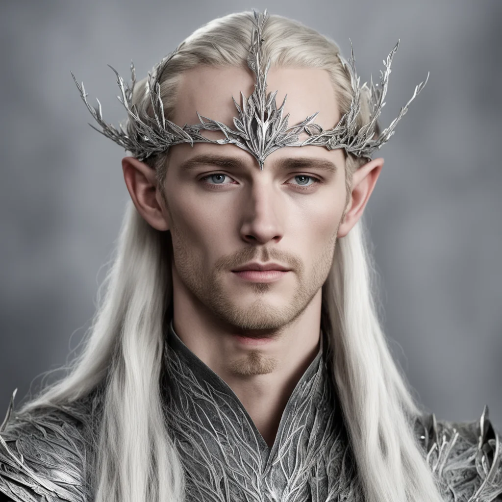 aiking thranduil wearing small silver beech leaf elven circlet with diamonds