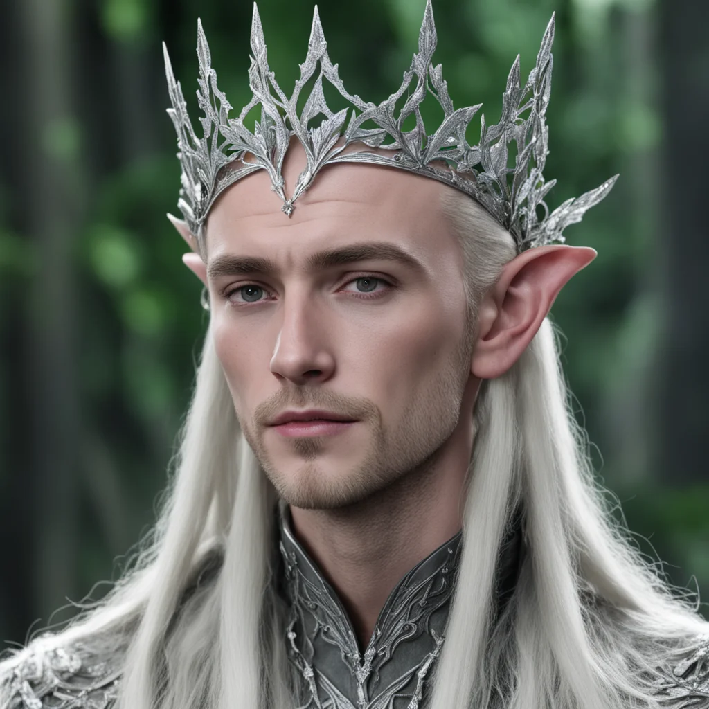 aiking thranduil wearing small silver holly leaf elven circlet with diamonds confident engaging wow artstation art 3
