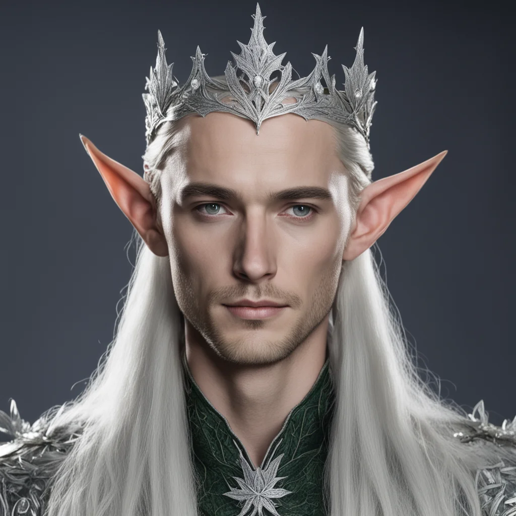 king thranduil wearing small silver holly leaf elven circlet with diamonds
