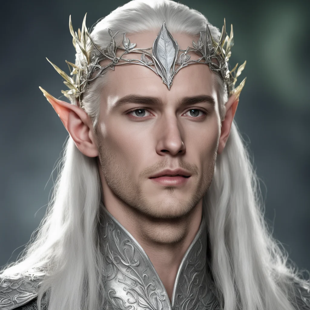 aiking thranduil wearing small silver ivy leaf elven circlet with diamonds confident engaging wow artstation art 3