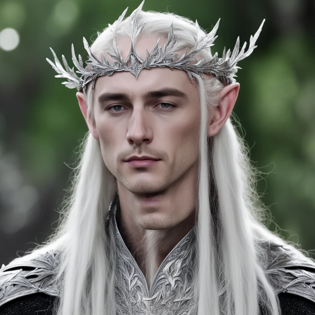 king thranduil wearing small silver oak leaf elven circlet with diamonds