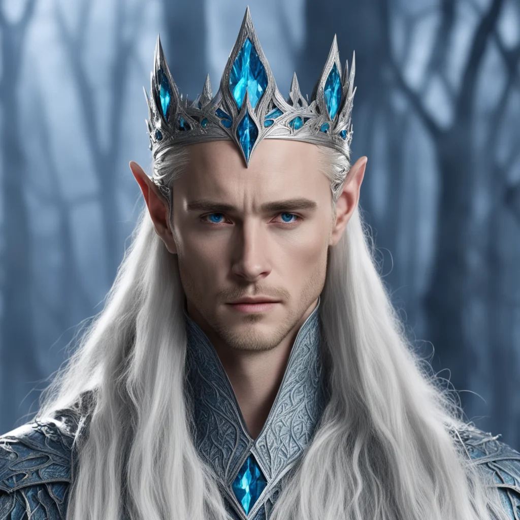 king thranduil wearing small silver wood rod circlet with blue diamonds amazing awesome portrait 2