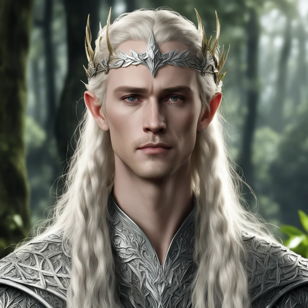 aiking thranduil wirh blond hair with braids wearing laurel leaf made from silver elvish circlet with diamonds confident engaging wow artstation art 3