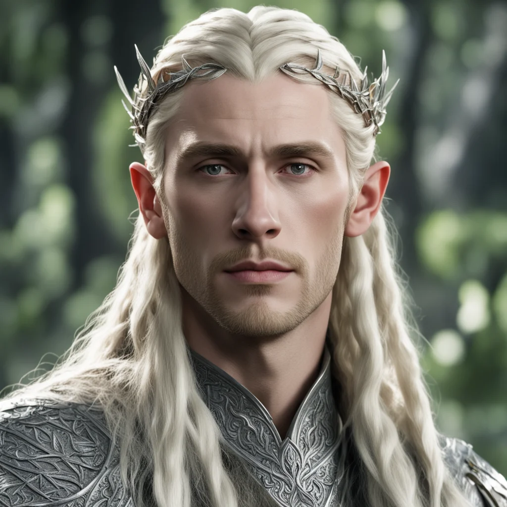 aiking thranduil wirh blond hair with braids wearing laurel leaf made from silver elvish circlet with diamonds good looking trending fantastic 1