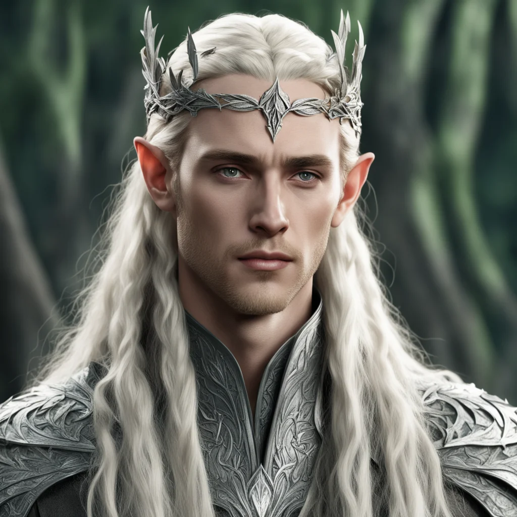 aiking thranduil wirh blond hair with braids wearing laurel leaf made from silver elvish circlet with diamonds