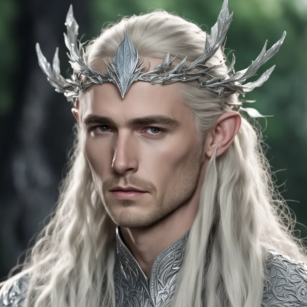 king thranduil with blond hair and braids and silver elm leaf encrusted with diamond forming a silver elvish circlet with large center diamond amazing awesome portrait 2