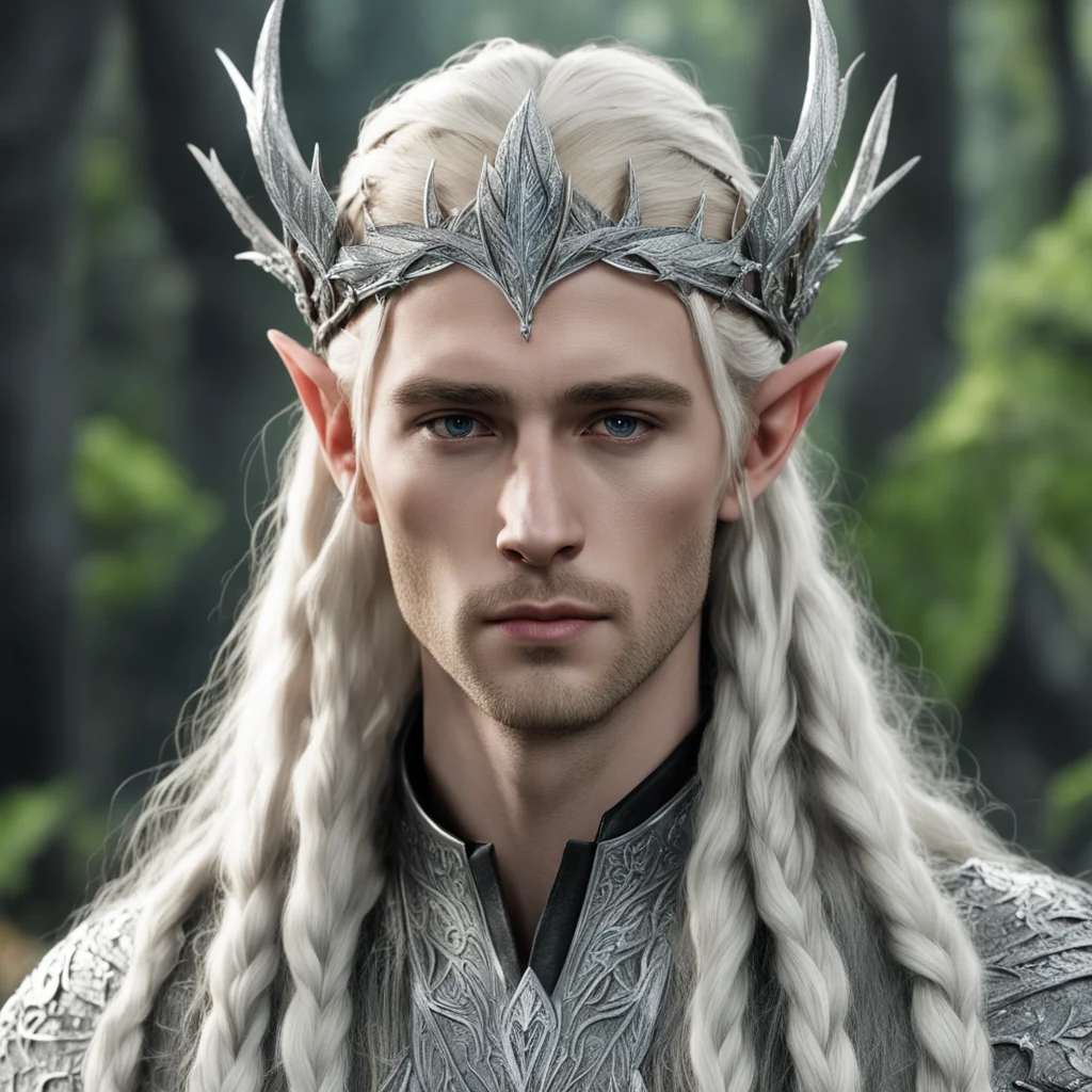 aiking thranduil with blond hair and braids and silver elm leaf encrusted with diamond forming a silver elvish circlet with large center diamond confident engaging wow artstation art 3