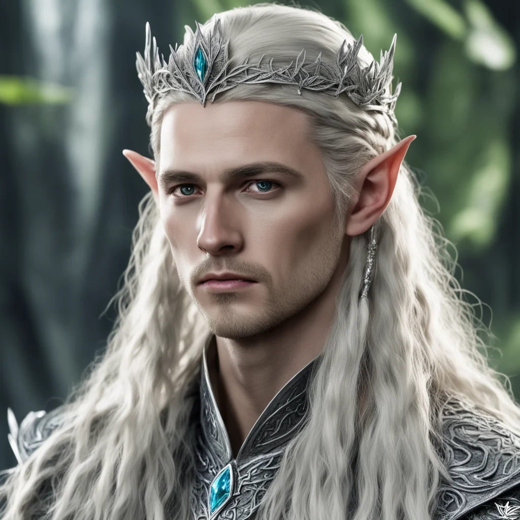 king thranduil with blond hair and braids and silver elm leaf encrusted with diamond forming a silver elvish circlet with large center diamond good looking trending fantastic 1