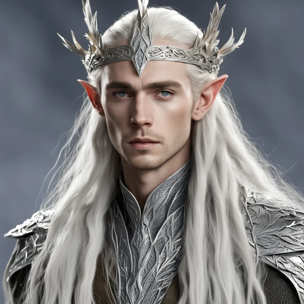 aiking thranduil with blond hair and braids and silver elm leaf encrusted with diamond forming a silver elvish circlet with large center diamond