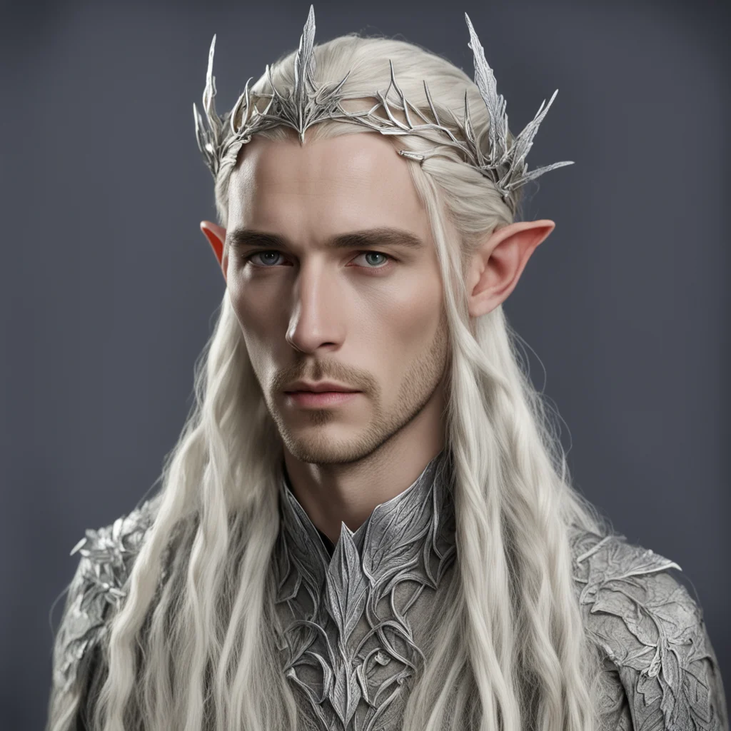 aiking thranduil with blond hair and braids and silver elm leaf silver elvish circlet with large center diamond  confident engaging wow artstation art 3