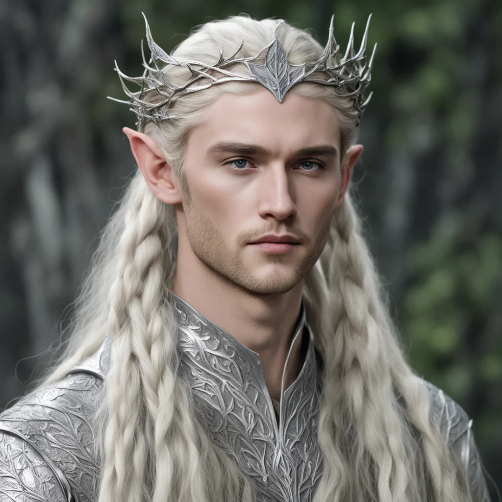 aiking thranduil with blond hair and braids and silver elm leaf silver elvish circlet with large center diamond 
