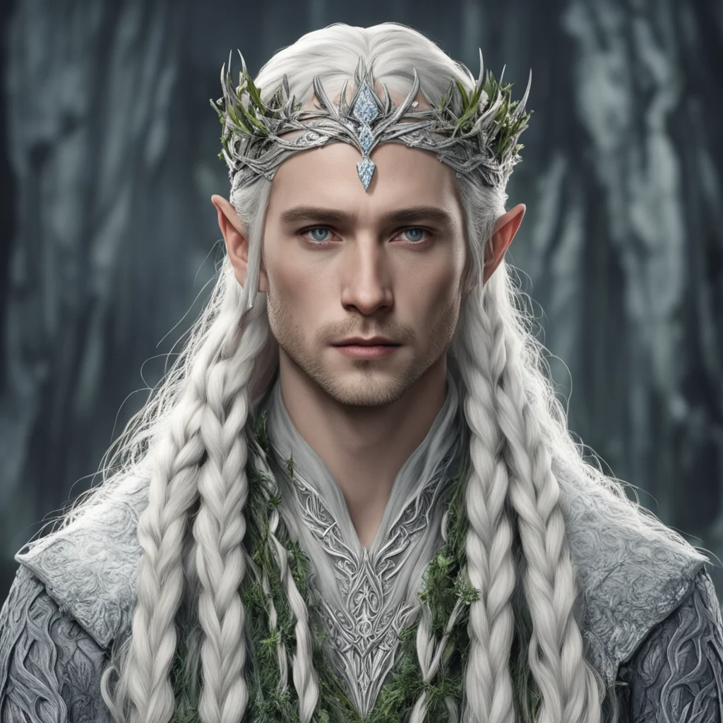 aiking thranduil with blond hair and braids wearing  juniper twigs made of silver with diamond berry to form silver elvish circlet with large center diamond amazing awesome portrait 2