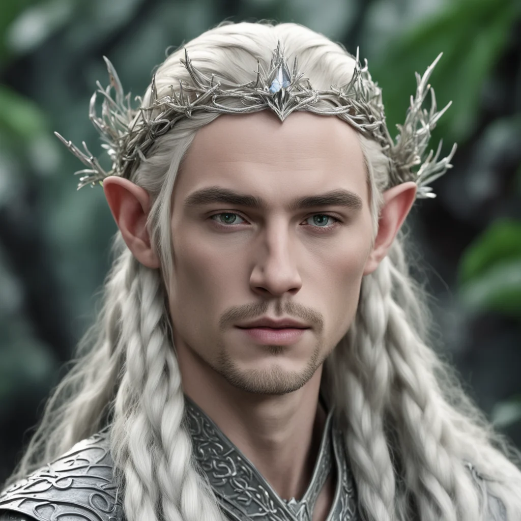 king thranduil with blond hair and braids wearing  juniper twigs made of silver with diamond berry to form silver elvish circlet with large center diamond good looking trending fantastic 1