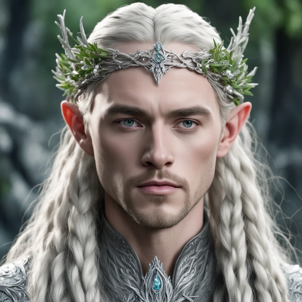 aiking thranduil with blond hair and braids wearing  juniper twigs made of silver with diamond berry to form silver elvish circlet with large center diamond