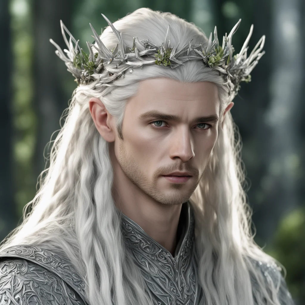 aiking thranduil with blond hair and braids wearing  juniper twigs made of silver with diamond berry to form silver elvish coronet with large center diamond amazing awesome portrait 2