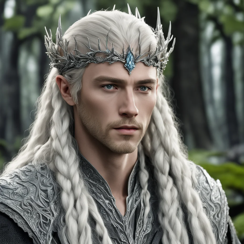 aiking thranduil with blond hair and braids wearing  juniper twigs made of silver with diamond berry to form silver elvish coronet with large center diamond