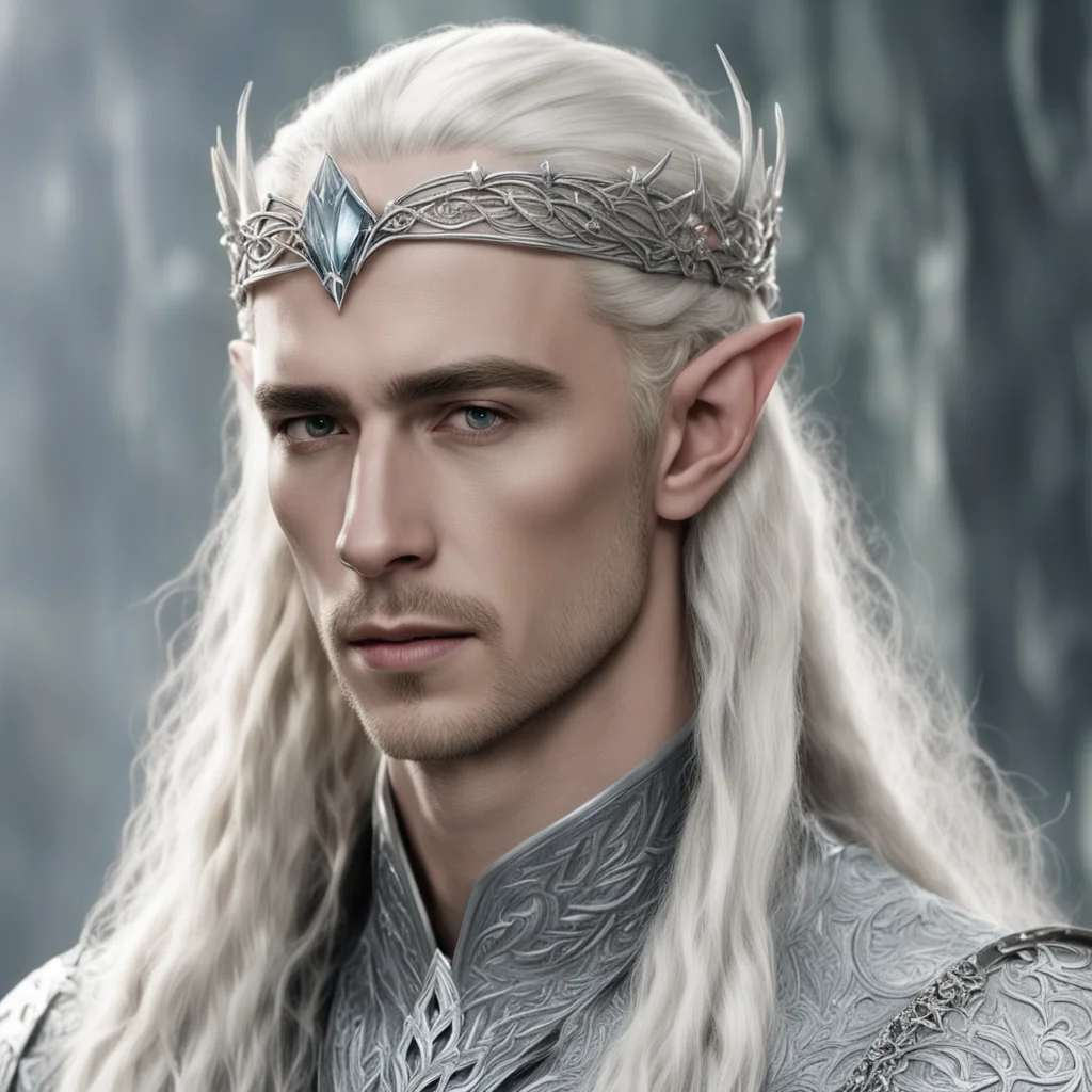 king thranduil with blond hair and braids wearing a profusion of silver diamond elvish hair pins and silver elvish circlet with large center diamond amazing awesome portrait 2