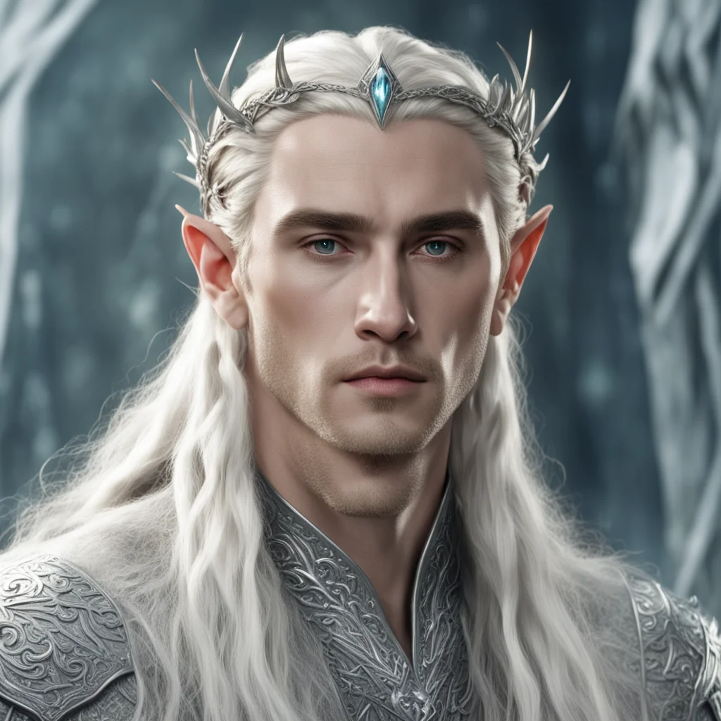 aiking thranduil with blond hair and braids wearing a profusion of silver diamond elvish hair pins and silver elvish circlet with large center diamond confident engaging wow artstation art 3