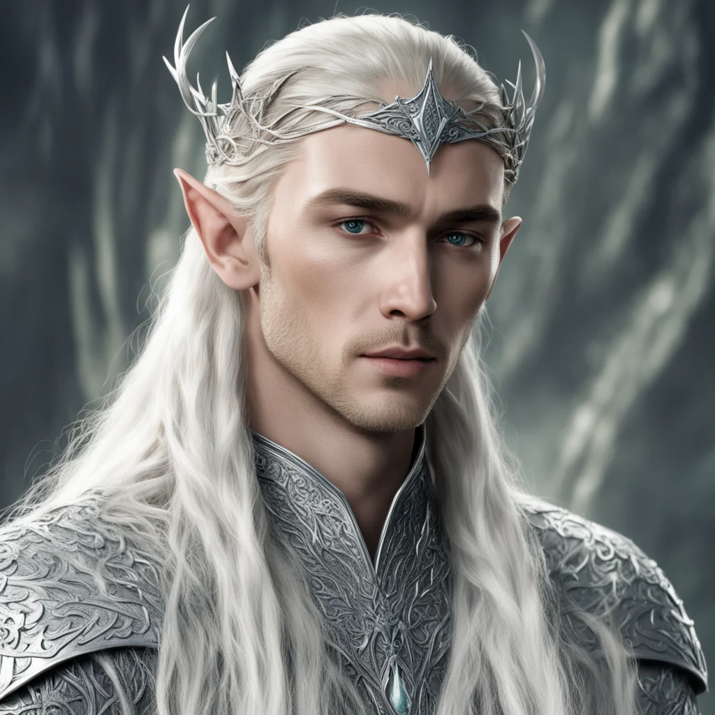 aiking thranduil with blond hair and braids wearing a profusion of silver diamond elvish hair pins and silver elvish circlet with large center diamond good looking trending fantastic 1