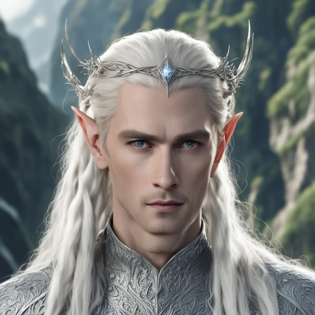 aiking thranduil with blond hair and braids wearing a profusion of silver diamond elvish hair pins and silver elvish circlet with large center diamond